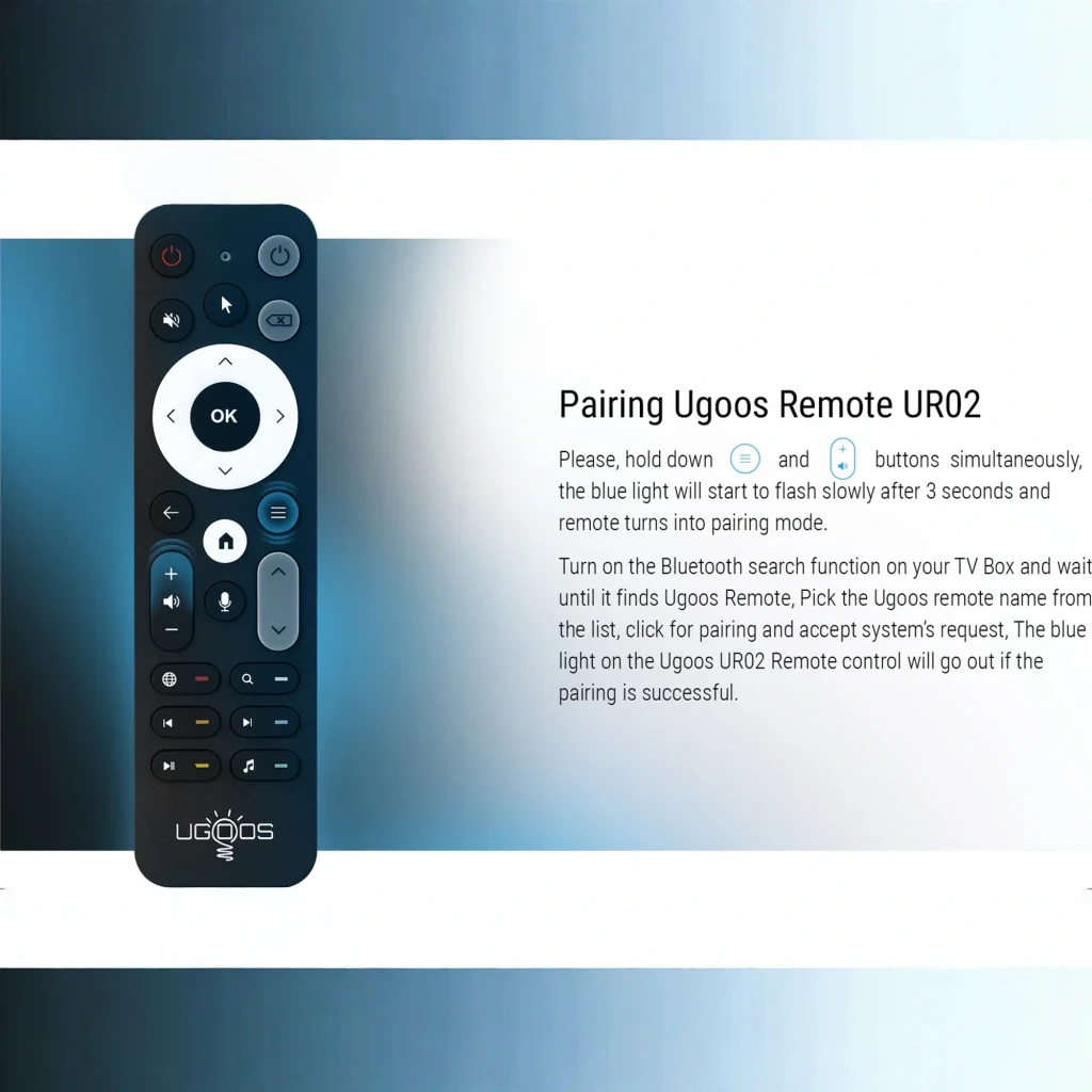 Comando à distância Ugoos UR02 BT Remote Control Bluetooth + IR, corpo preto, anel direcional branco com botão OK, teclas multimídia, microfone e controle - Item7