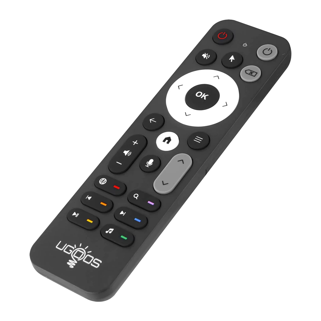 Comando à distância Ugoos UR02 BT Remote Control Bluetooth + IR, corpo preto, anel direcional branco com botão OK, teclas multimídia, microfone e controle - Item1