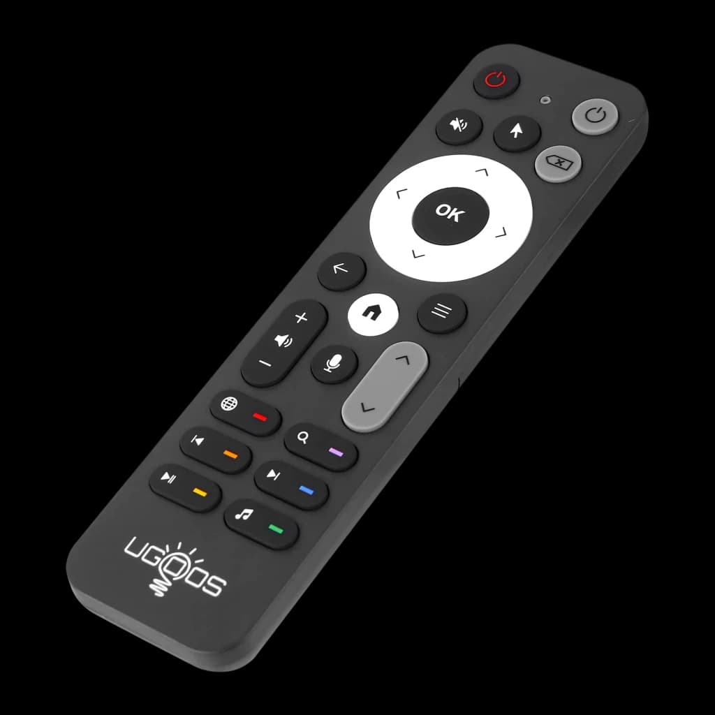 Télécommande Ugoos UR02 BT Remote Control Bluetooth + IR noire, ergonomique, pavé directionnel blanc, touche OK centrale, micro, touches multimédia