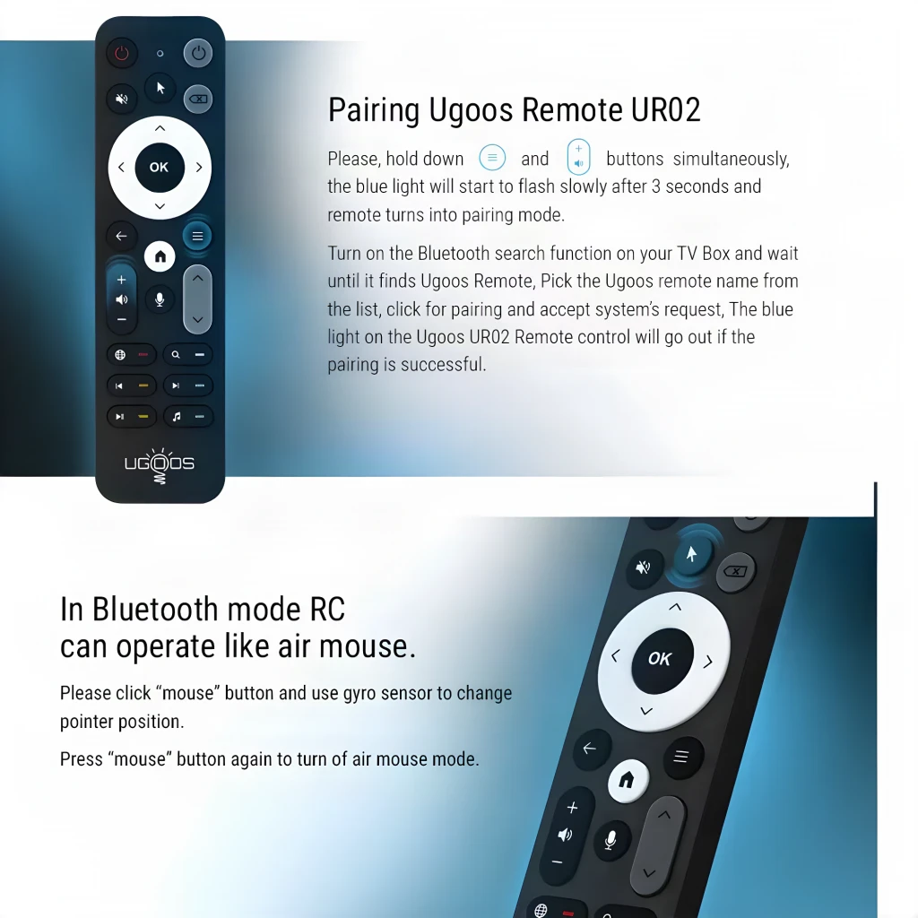 Comando à distância Ugoos UR02 BT Remote Control Bluetooth + IR, corpo preto, anel direcional branco com botão OK, teclas multimídia, microfone e controle - Item3