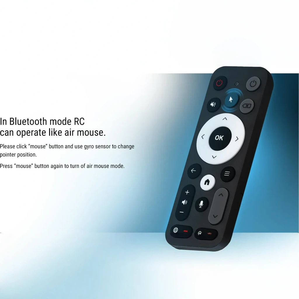 Comando à distância Ugoos UR02 BT Remote Control Bluetooth + IR, corpo preto, anel direcional branco com botão OK, teclas multimídia, microfone e controle - Item5