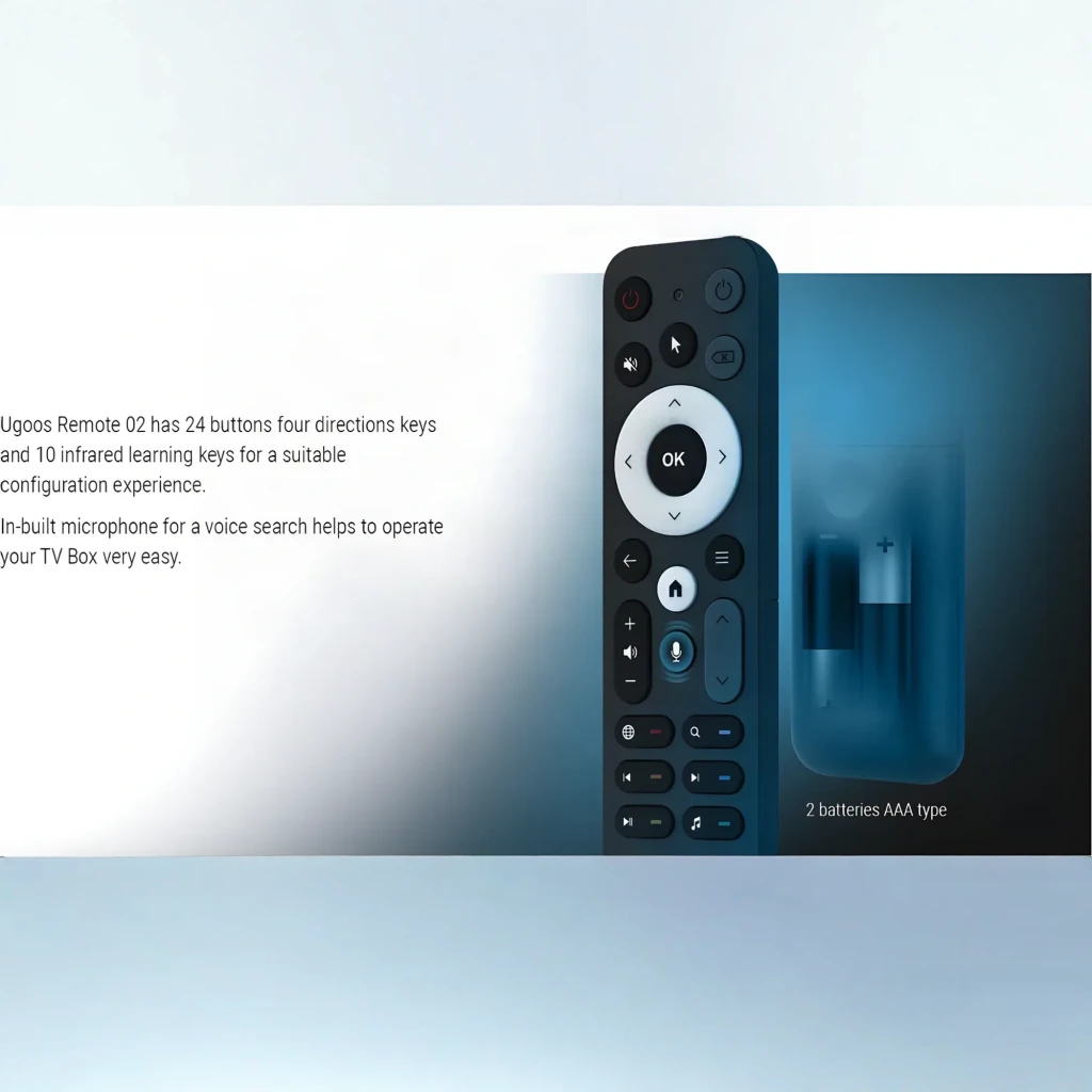 Comando à distância Ugoos UR02 BT Remote Control Bluetooth + IR, corpo preto, anel direcional branco com botão OK, teclas multimídia, microfone e controle - Item4