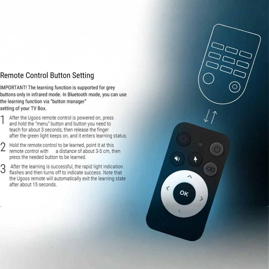 Comando à distância Ugoos UR02 BT Remote Control Bluetooth + IR, corpo preto, anel direcional branco com botão OK, teclas multimídia, microfone e controle - Item6