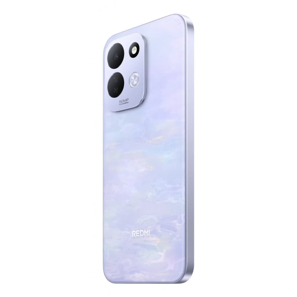 Xiaomi Redmi 17 4G en color Lotus Purple con acabado nacarado, módulo trasero triple con flash y cámara 50MP, bordes planos y diseño delgado elegante