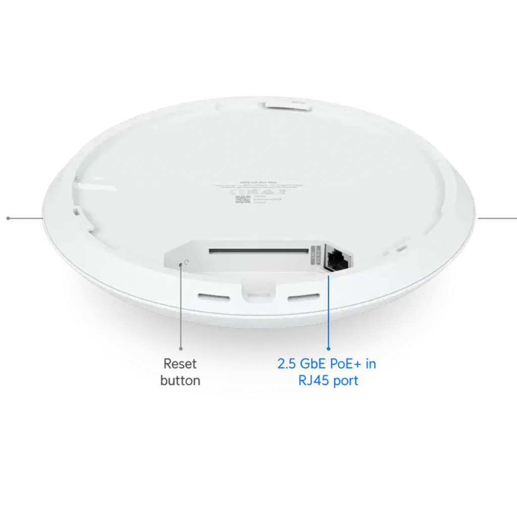 Punto de Acceso Ubiquiti UniFi U7 Pro Max PoE+ blanco circular, logotipo U centrado y aro LED azul, diseño minimalista para montaje en techo, 5700 Mbps - Ítem8