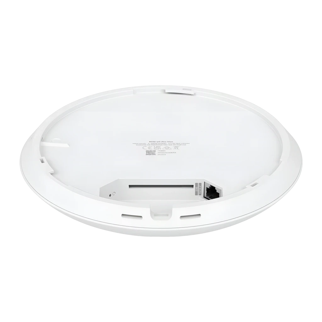 Punto de Acceso Ubiquiti UniFi U7 Pro Max PoE+ blanco circular, logotipo U centrado y aro LED azul, diseño minimalista para montaje en techo, 5700 Mbps - Ítem3