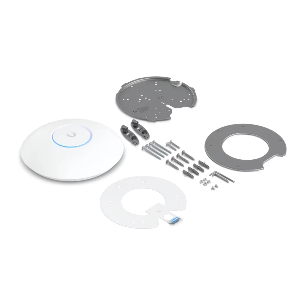 Punto de Acceso Ubiquiti UniFi U7 Pro Max PoE+ blanco circular, logotipo U centrado y aro LED azul, diseño minimalista para montaje en techo, 5700 Mbps - Ítem6
