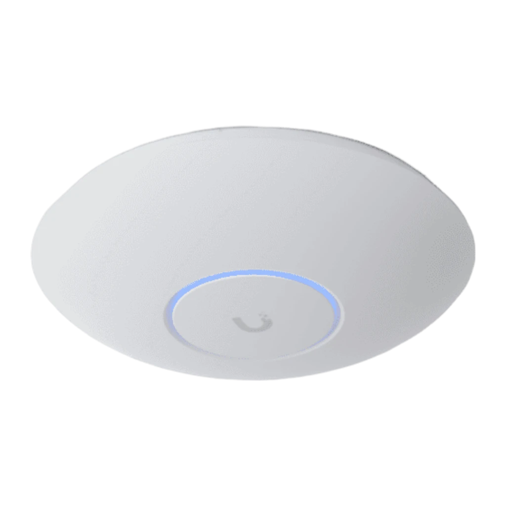 Punto de Acceso Ubiquiti UniFi U7 Pro Max PoE+ blanco circular, logotipo U centrado y aro LED azul, diseño minimalista para montaje en techo, 5700 Mbps - Ítem5