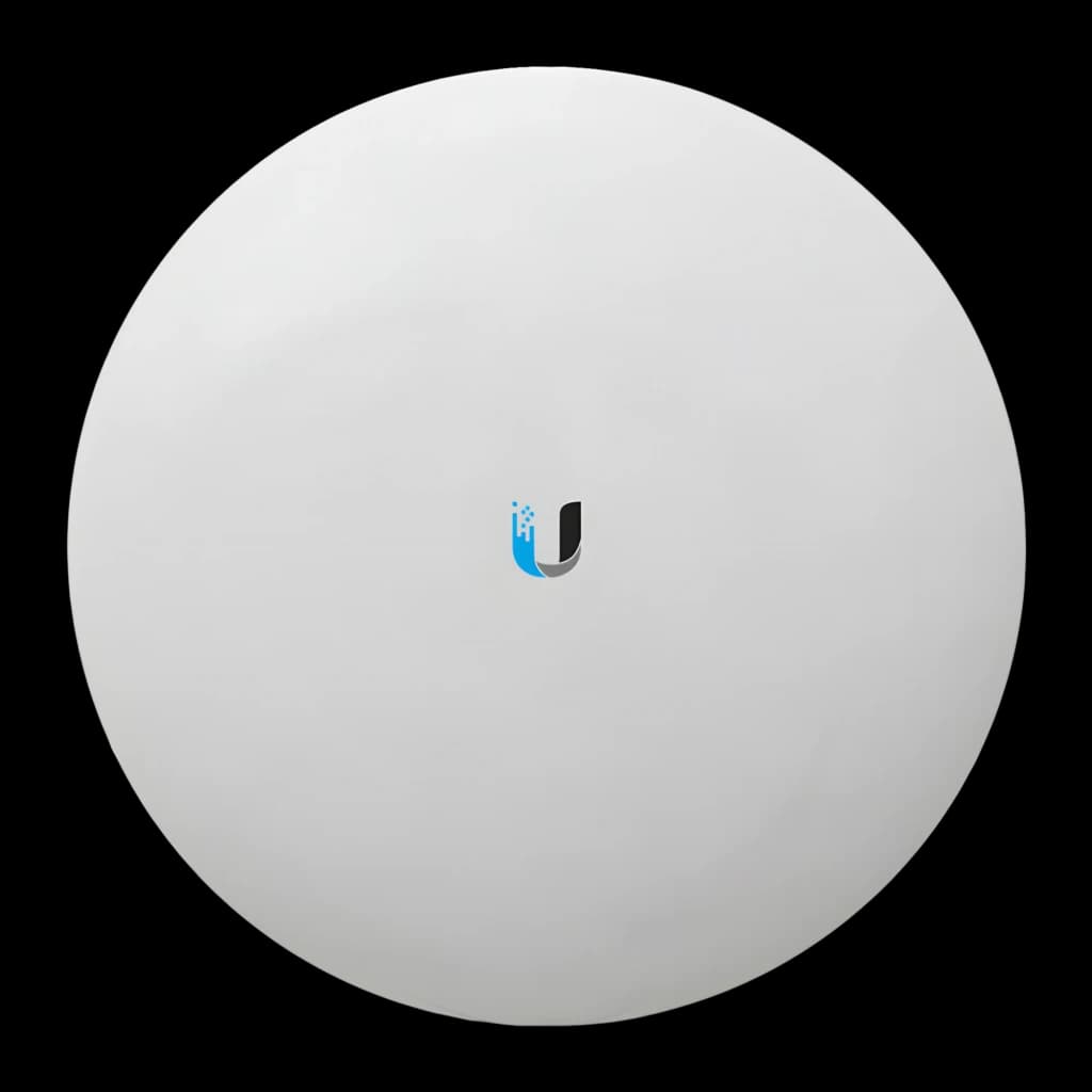 Pont WiFi Ubiquiti NanoBeam AC Gen2 PoE 2 Ports Gigabit, antenne parabolique blanche ronde avec logo U central, design épuré pour liaisons point à point
