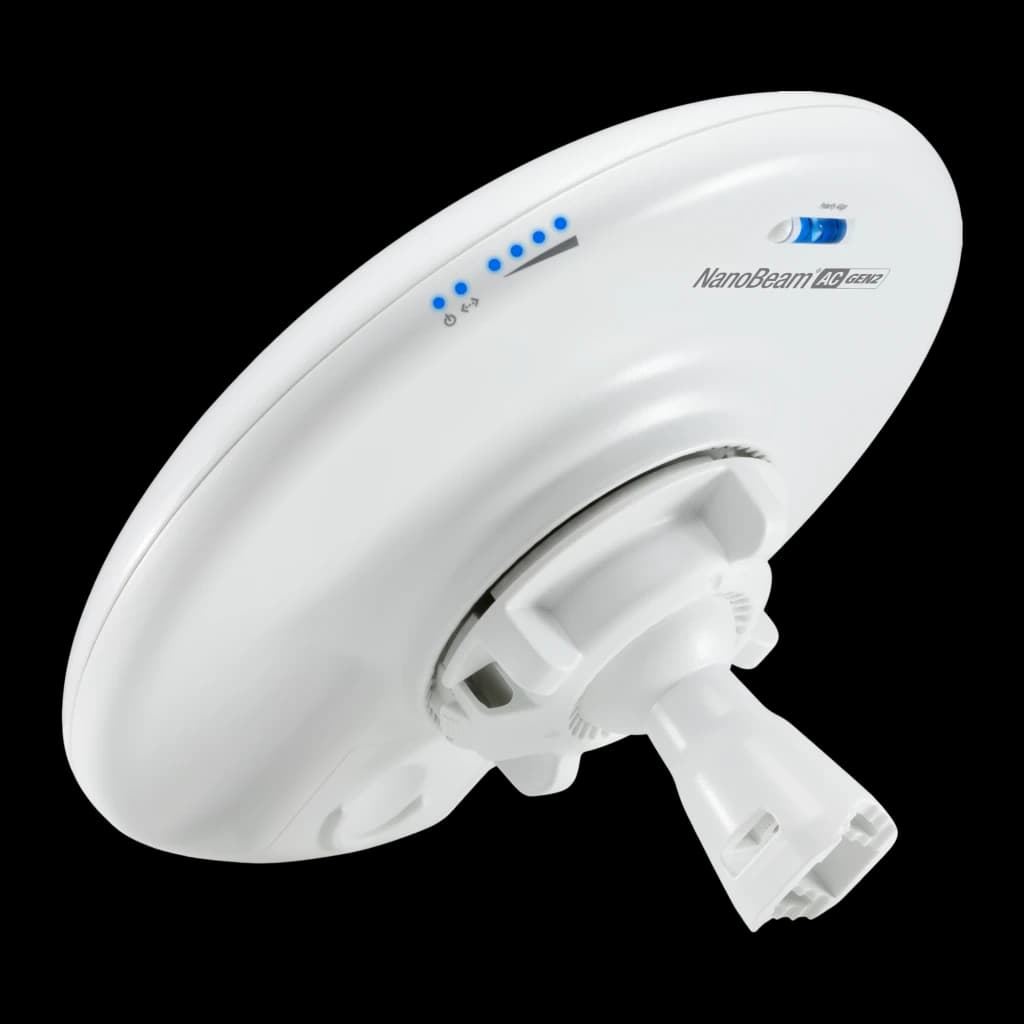 Pont WiFi Ubiquiti NanoBeam AC Gen2 PoE 2 Ports Gigabit avec boîtier blanc circulaire, LEDs d état bleues, support de montage orientable et design compact