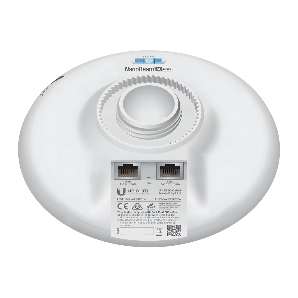Antena parabólica blanca Ubiquiti NanoBeam AC Gen2, diseño compacto tipo plato, carcasa lisa, logo U frontal, ideal para enlaces WiFi PoE con 2 puertos - Ítem2