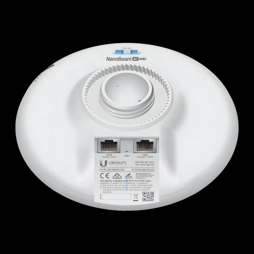 Pont WiFi Ubiquiti NanoBeam AC Gen2 PoE avec dos ports Gigabit, boîtier circulaire blanc, connecteurs RJ45 étiquetés, anneau de fixation central robuste