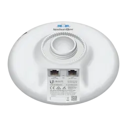 Pont WiFi Ubiquiti NanoBeam AC Gen2 PoE avec dos ports Gigabit, boîtier circulaire blanc, connecteurs RJ45 étiquetés, anneau de fixation central robuste