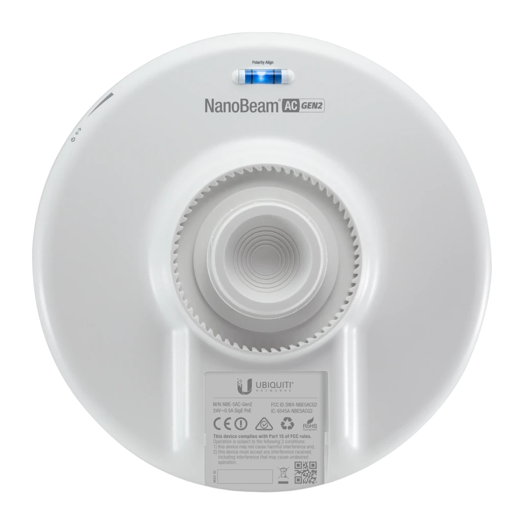 Antena parabólica blanca Ubiquiti NanoBeam AC Gen2, diseño compacto tipo plato, carcasa lisa, logo U frontal, ideal para enlaces WiFi PoE con 2 puertos - Ítem1
