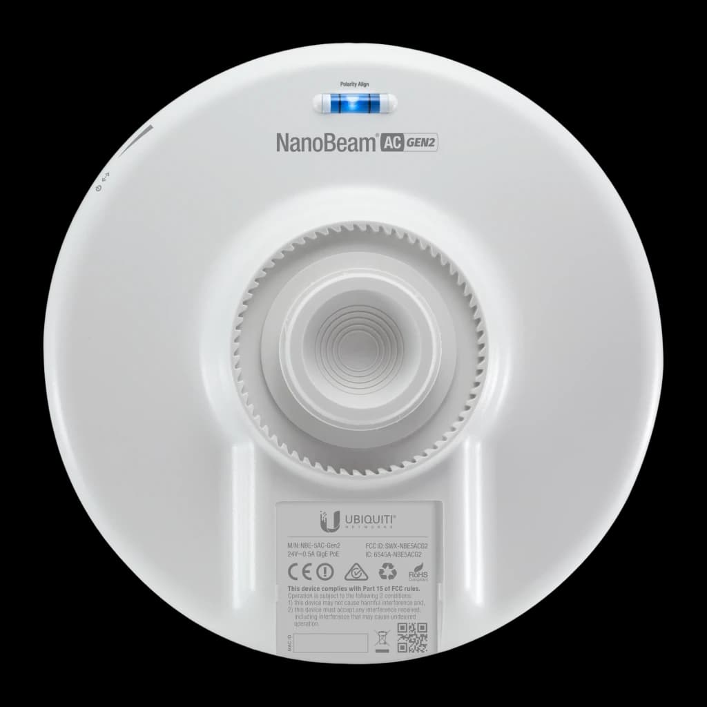 Antenne parabolique compacte blanche Ubiquiti avec boîtier rond, voyant LED bleu, marquage NanoBeam AC Gen2, connectique arrière et support cranté pour