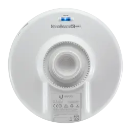 Antenne parabolique compacte blanche Ubiquiti avec boîtier rond, voyant LED bleu, marquage NanoBeam AC Gen2, connectique arrière et support cranté pour