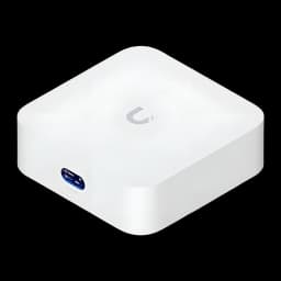 Router Ubiquiti UniFi Express 7 UX7 compacto en color blanco, diseño cuadrado con bordes redondeados, logo U en la parte superior y puerto frontal iluminado