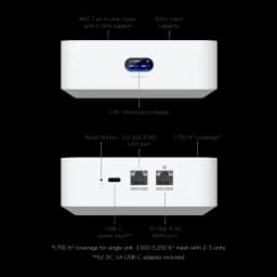Router Ubiquiti UniFi Express 7 blanco, compacto, pantalla 0.96 pulgadas, puertos RJ45 2.5 GbE y 10 GbE, USB-C, ventilación lateral, diseño minimalista