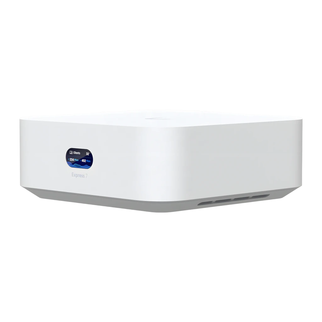 Routeur Ubiquiti UniFi Express 7 WiFi 7 compact blanc, boîtier carré aux bords arrondis, logo U sur le dessus, indicateur LED et port avant visibles - Ítem8