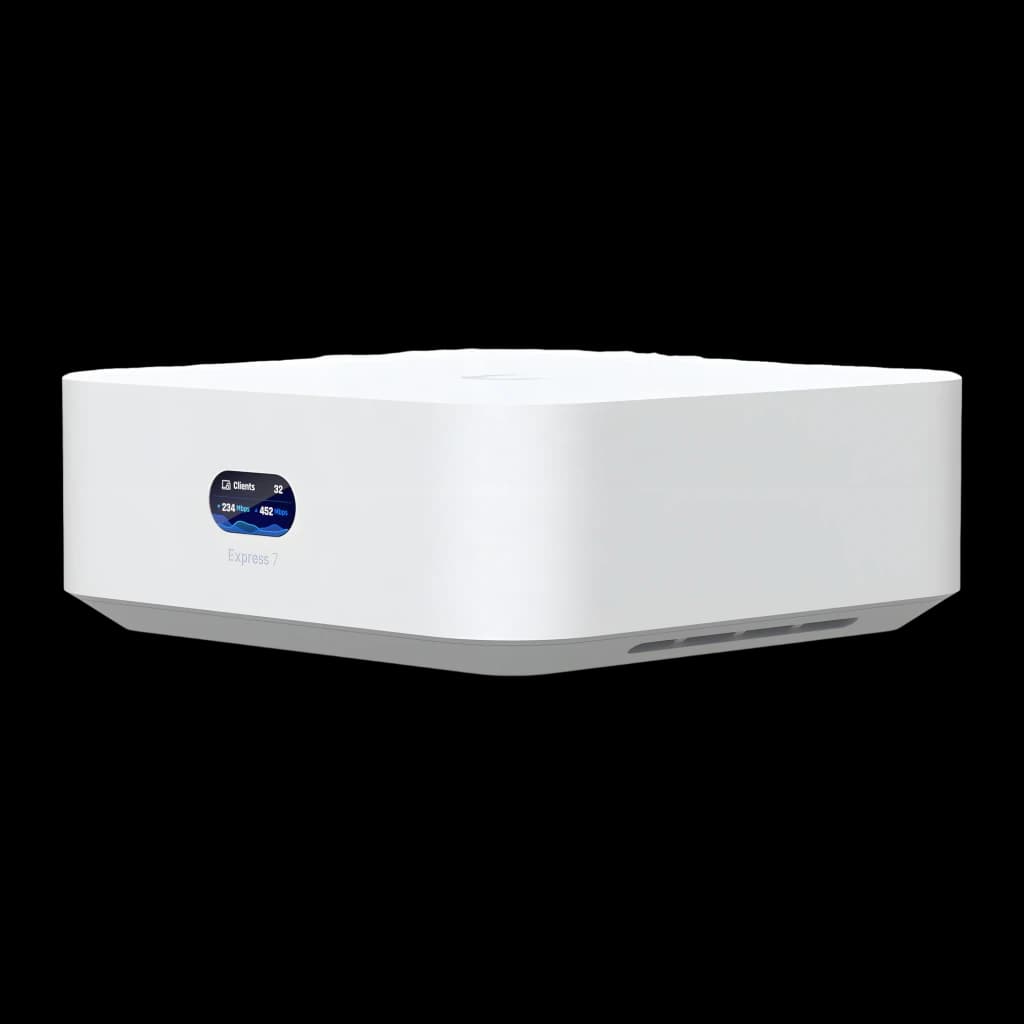 Router Ubiquiti UniFi Express 7 UX7 WiFi 7 blanco, diseño compacto con pantalla lateral azul que muestra estado y velocidad 10,7 Gbps, rejillas de ventilación