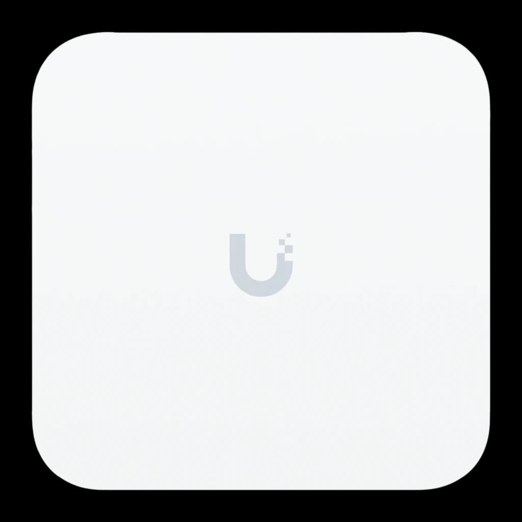 Router Ubiquiti UniFi Express 7 UX7 blanco, diseño cuadrado minimalista con logotipo U al centro, acabado mate y bordes redondeados, compacto para pared o mesa