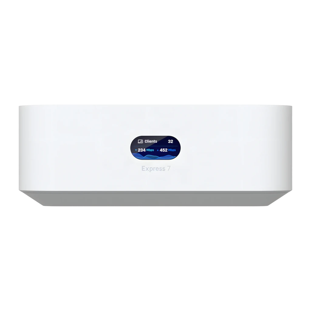 Routeur Ubiquiti UniFi Express 7 WiFi 7 compact blanc, boîtier carré aux bords arrondis, logo U sur le dessus, indicateur LED et port avant visibles - Ítem4