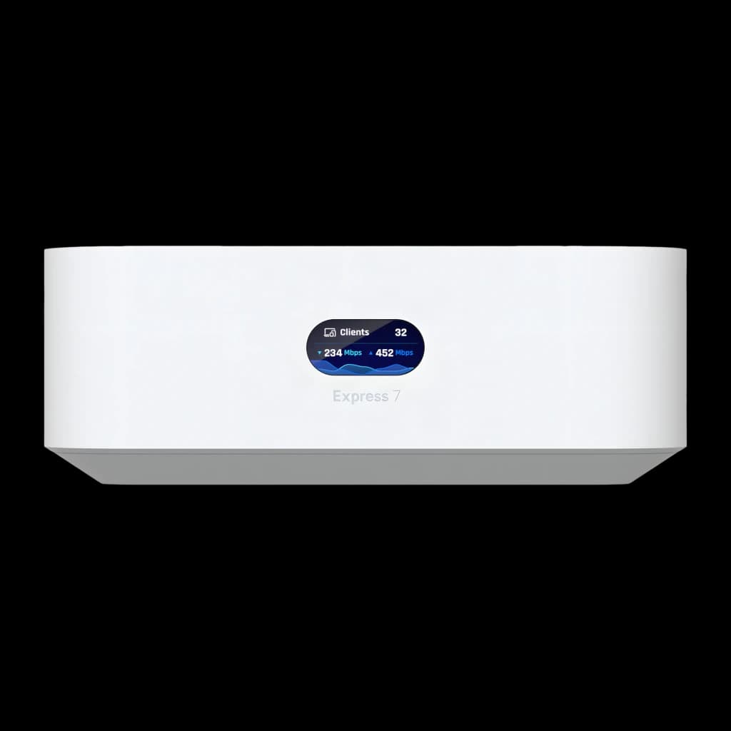 Router Ubiquiti UniFi Express 7 UX7 blanco con pantalla frontal que muestra clientes y velocidad, diseño minimalista rectangular y acabado mate WiFi 7 10,7