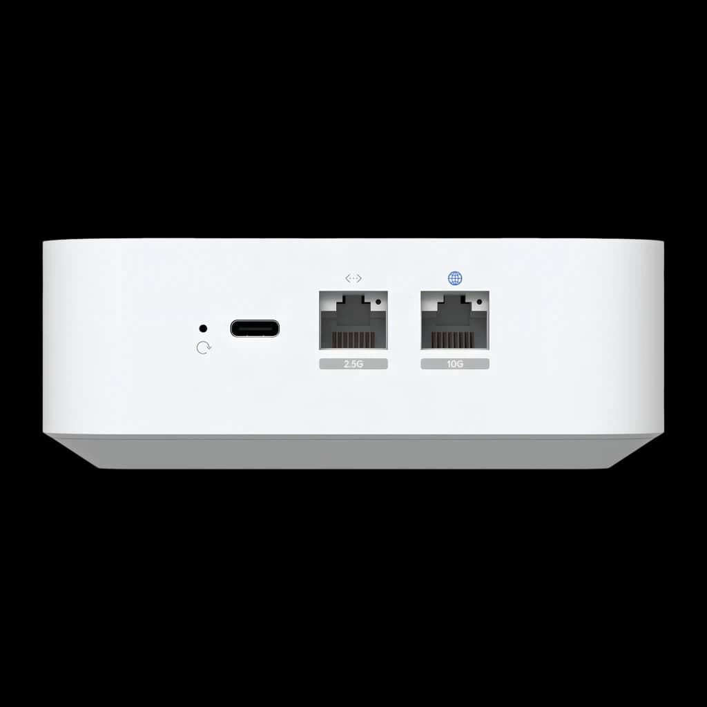 Router Ubiquiti UniFi Express 7 WiFi 7 blanco, compacto. Panel trasero con puerto USB-C, botón reset, puerto Ethernet 2.5G y puerto 10G. Velocidad 10,7 Gbps.