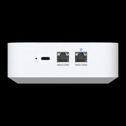 Router Ubiquiti UniFi Express 7 WiFi 7 blanco, compacto. Panel trasero con puerto USB-C, botón reset, puerto Ethernet 2.5G y puerto 10G. Velocidad 10,7 Gbps.
