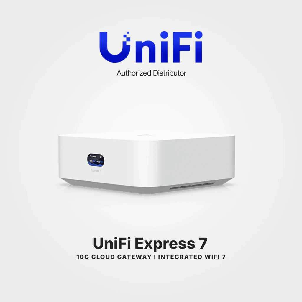 Routeur Ubiquiti UniFi Express 7 WiFi 7 compact blanc, boîtier carré aux bords arrondis, logo U sur le dessus, indicateur LED et port avant visibles - Ítem3