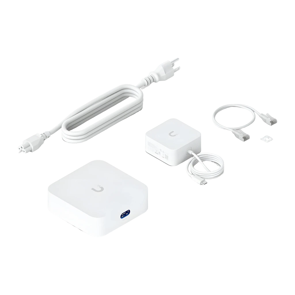 Routeur Ubiquiti UniFi Express 7 WiFi 7 compact blanc, boîtier carré aux bords arrondis, logo U sur le dessus, indicateur LED et port avant visibles - Ítem2