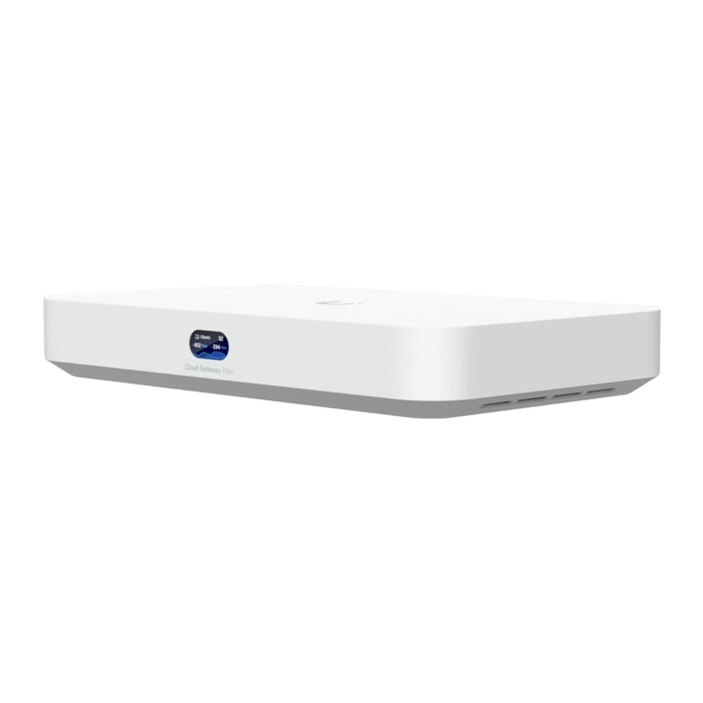 Gateway Ubiquiti UniFi Cloud Gateway Fiber UCG-FIBER en color blanco, formato compacto, pantalla frontal ovalada azul con indicador LED y bordes redondeados - Ítem3