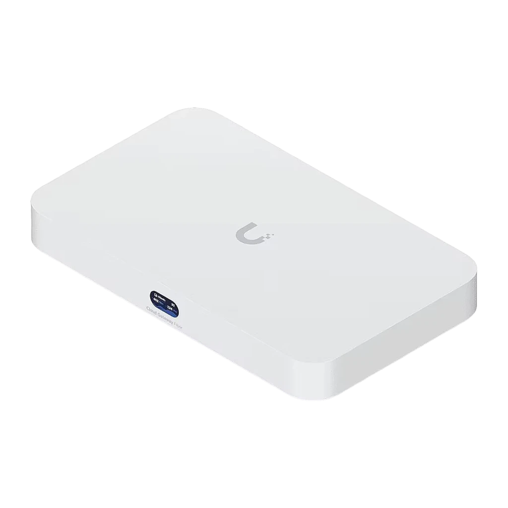 Gateway Ubiquiti UniFi Cloud Gateway Fiber UCG-FIBER en color blanco, formato compacto, pantalla frontal ovalada azul con indicador LED y bordes redondeados - Ítem4
