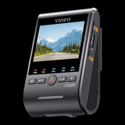 Caméra principale compacte avec écran couleur affichant une route, boutons PWR REC GPS WiFi en façade, ports latéraux et design noir VIOFO A329T élégant