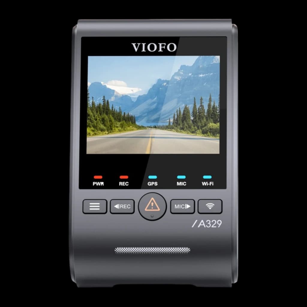 Écran couleur intégré avec boutons PWR REC GPS MIC Wi‑Fi, boîtier noir compact A329, haut‑parleur frontal perforé, affichage route et montagnes,