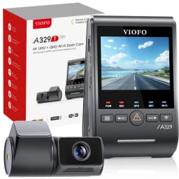 Caméra de voiture VIOFO A329T 2CH avec écran couleur, module GPS, boutons latéraux et deux modules caméra 4K et 2K; design compact noir élégant