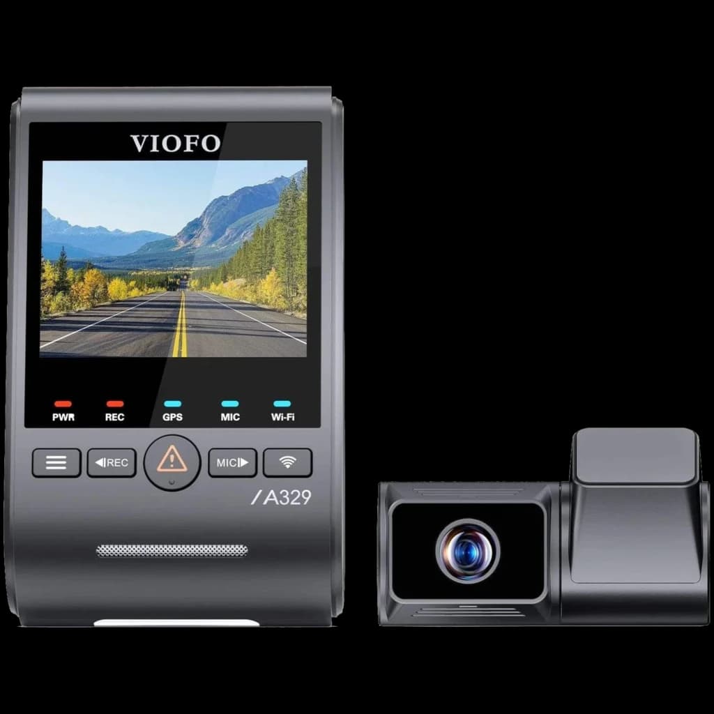 Caméra de tableau de bord VIOFO A329T avec écran couleur, boutons PWR REC GPS MIC Wi‑Fi, module avant 4K et caméra secondaire 2K au téléobjectif compact