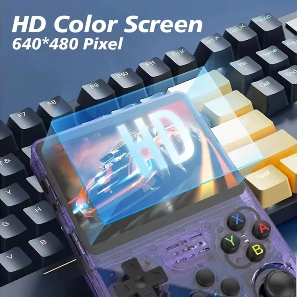 Consola portátil R36S 64GB Lila Retro MicroSD con carcasa transparente lila, pantalla a color, cruceta, botones ABXY y joysticks dobles; incluye tarjeta - Ítem4