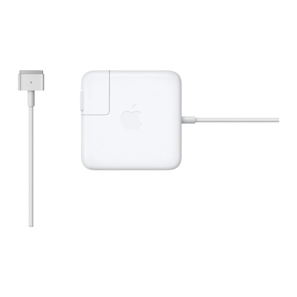 Apple Adaptateur MagSafe 85W Blanc, vue de face: bloc carré avec logo Apple, connecteur T magnétique et câble déployé