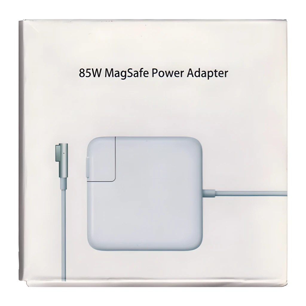 Apple Adaptateur MagSafe 85W Blanc, face avant boîte: emballage avec illustration de l'adaptateur et connecteur en L