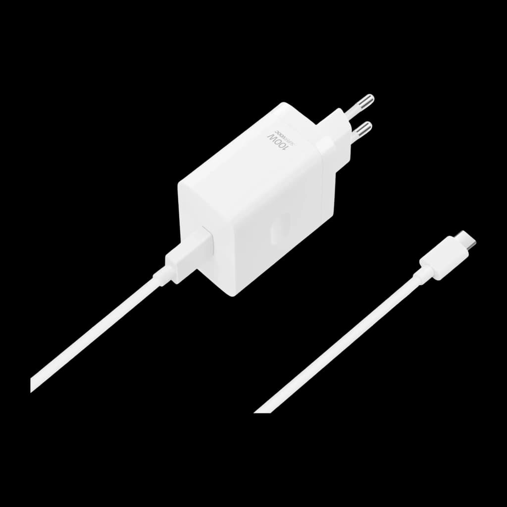 Chargeur Oppo SuperVOOC 100W blanc avec prise murale européenne et câble USB C assorti, design compact, port USB A, finitions lisses et coins arrondis