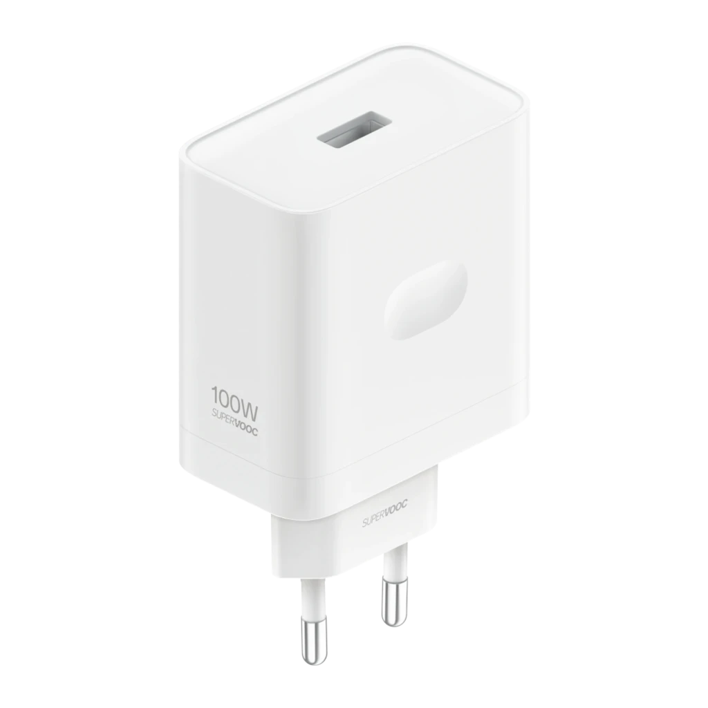 Cargador Oppo SuperVOOC 100W blanco con enchufe europeo y cable USB‑C desmontable; diseño compacto, acabado liso y conector USB‑C en ambos extremos - Ítem1
