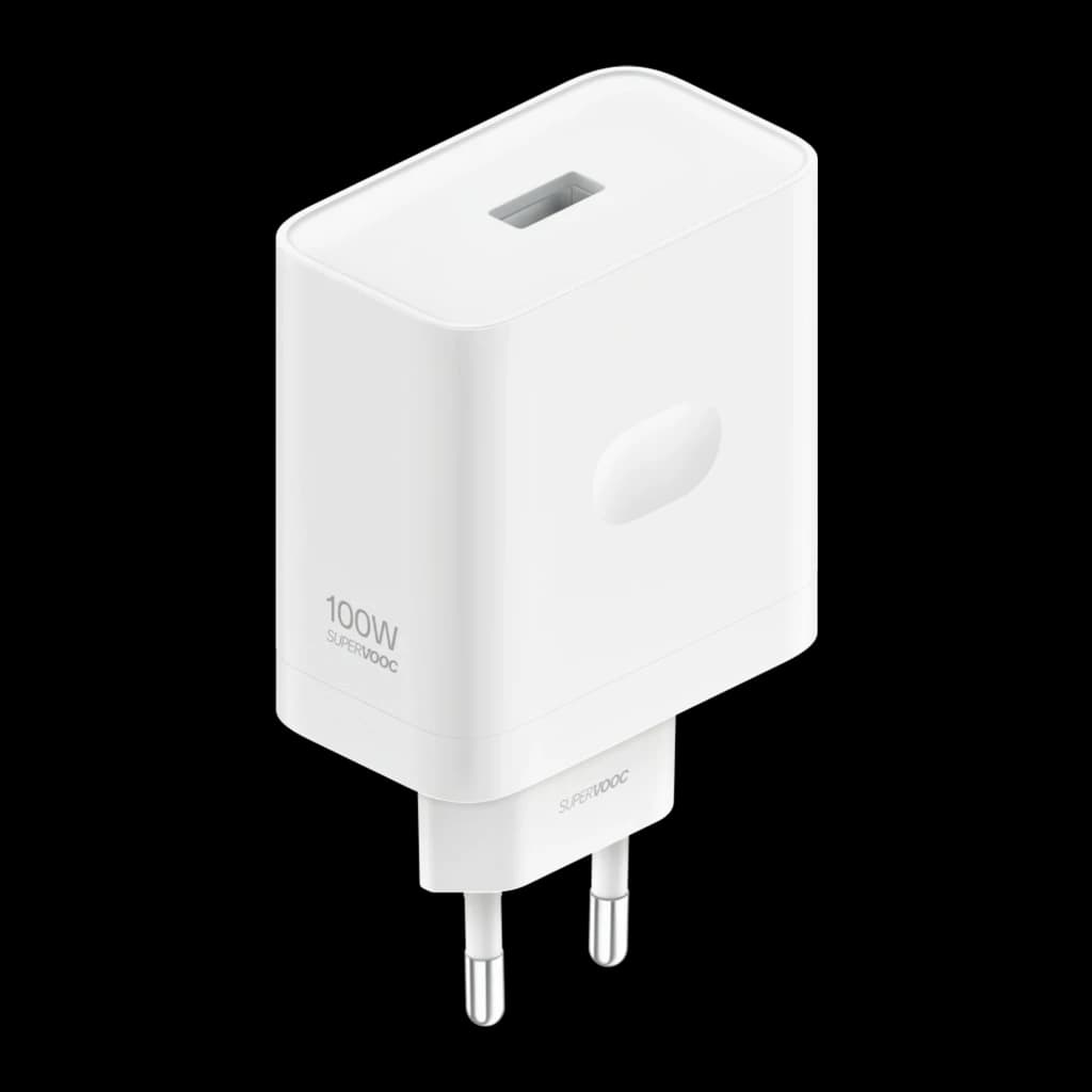 Chargeur mural blanc compact Oppo SuperVOOC 100W, port USB‑C supérieur, broches européennes, finition brillante, bords arrondis, logo discret en bas