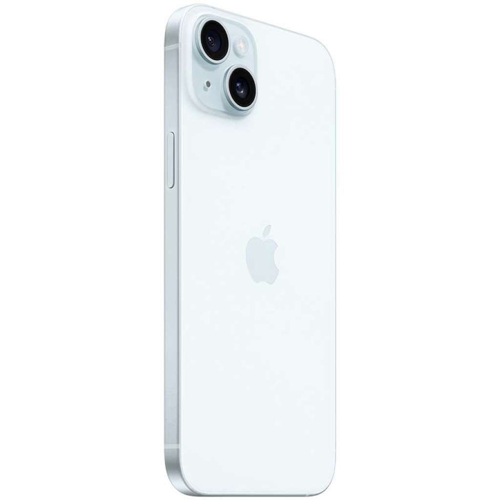 iPhone 15 Plus 5G 256GB azul reacondicionado premium, trasera blanca con logo Apple, dos cámaras grandes y bordes planos de aluminio elegante