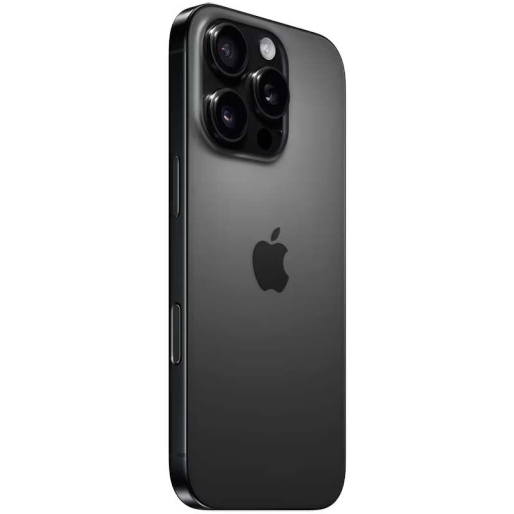 iPhone 16 Pro 5G 256GB en titanio negro, acabado mate elegante, triple cámara trasera grande con lentes prominentes y marco metálico premium reacondicionado