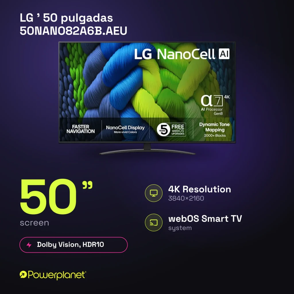 Smart TV LG 50 pouces NanoCell 4K avec écran fin, cadre noir, pied central courbé, logos AI α7 Gen8, Dolby Vision, webOS et couleurs vives affichées - Ítem4