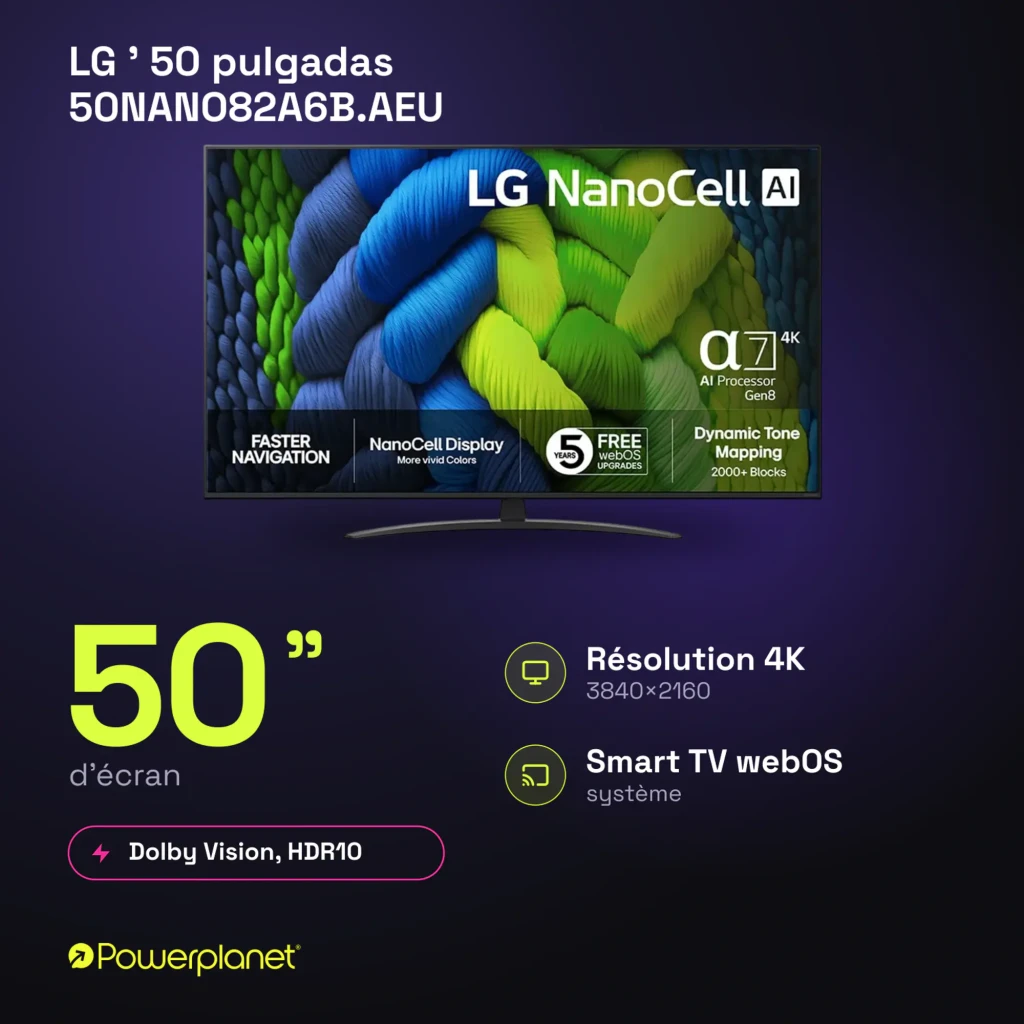 Smart TV LG 50 pouces NanoCell 4K avec écran fin, cadre noir, pied central courbé, logos AI α7 Gen8, Dolby Vision, webOS et couleurs vives affichées - Ítem1