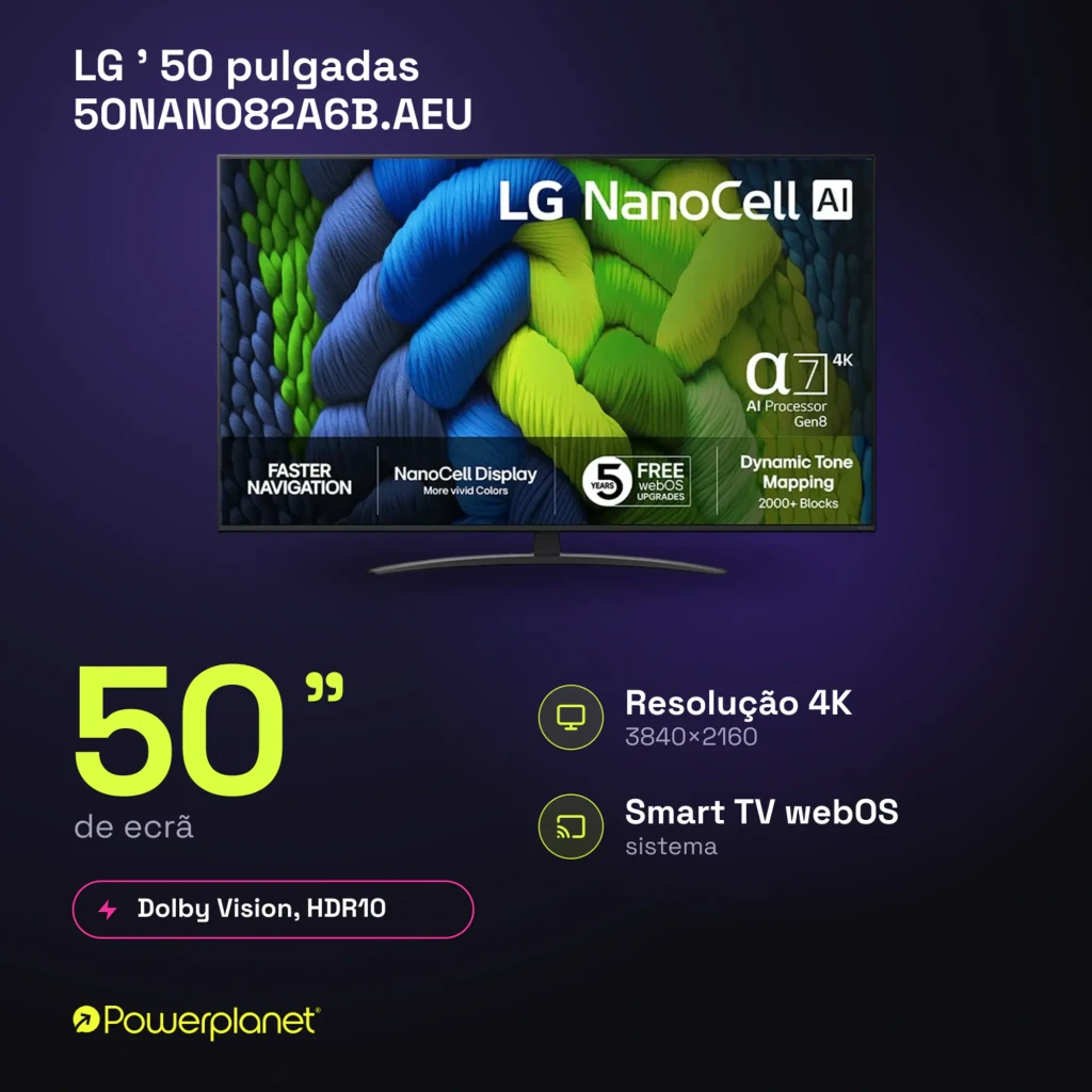 Smart TV LG 50 pouces NanoCell 4K avec écran fin, cadre noir, pied central courbé, logos AI α7 Gen8, Dolby Vision, webOS et couleurs vives affichées - Ítem3