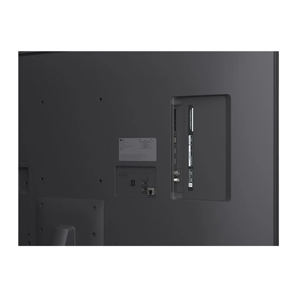 Smart TV LG 50 pouces NanoCell 4K avec écran fin, cadre noir, pied central courbé, logos AI α7 Gen8, Dolby Vision, webOS et couleurs vives affichées - Ítem6