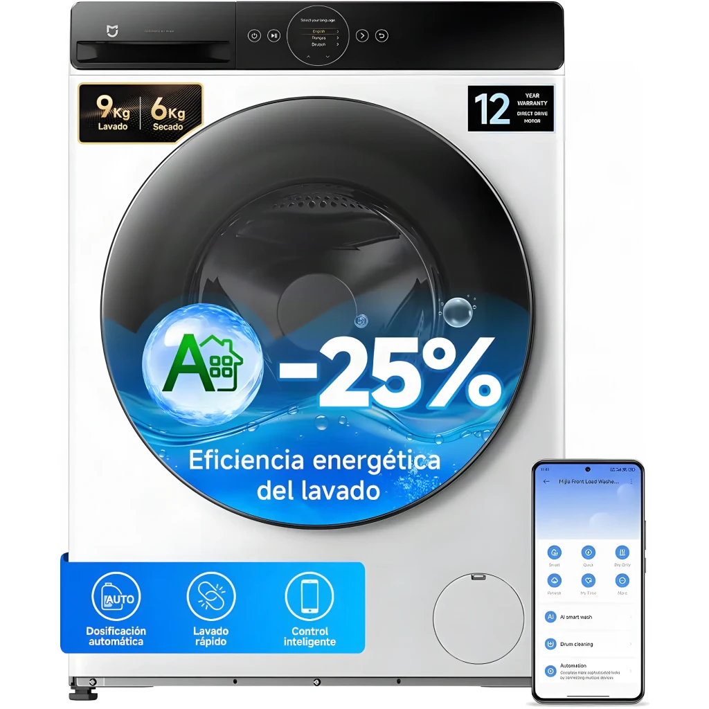 Lavadora-secadora Xiaomi Mijia Front Load Washer Dryer Pro 9kg, diseño frontal blanco con panel negro, puerta grande circular y tambor de acero inoxidable - Ítem1